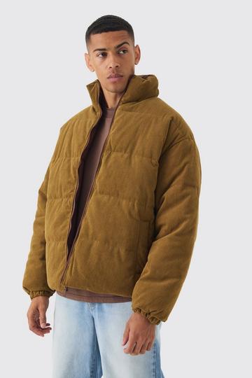 Reversible Cord And Nylon Puffer Jacket In Brown lime