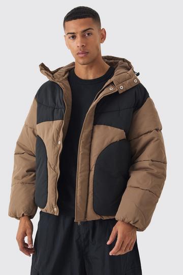 Beige Colour Block Quilted Hooded Puffer In Beige