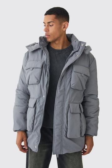 Grey Utility Pocket Hooded Parka In Grey