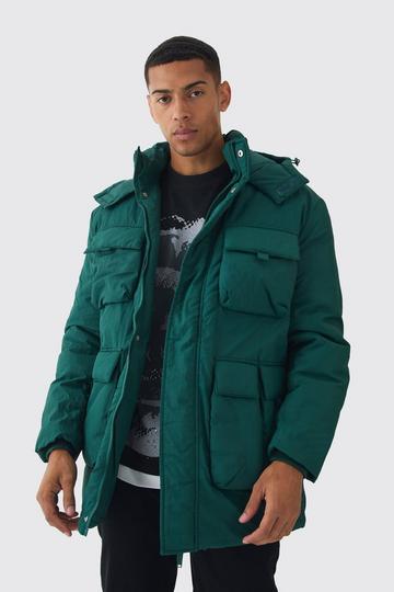 Green Utility Pocket Hooded Parka In Green