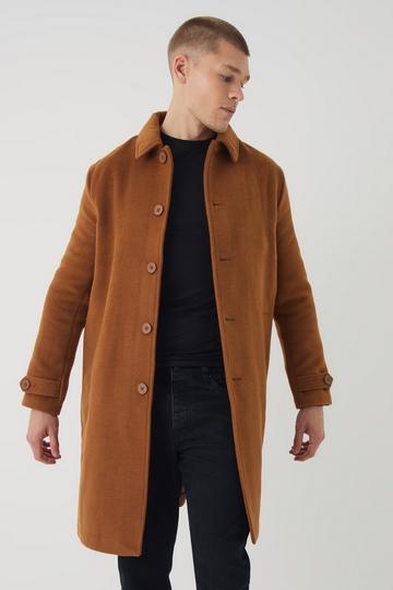 Brown Plain Collared Overcoat In Tan