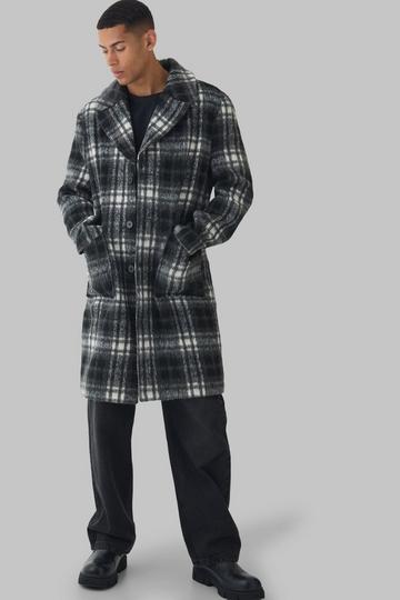 Relaxed Fit Single Breasted Check Overcoat In Black black