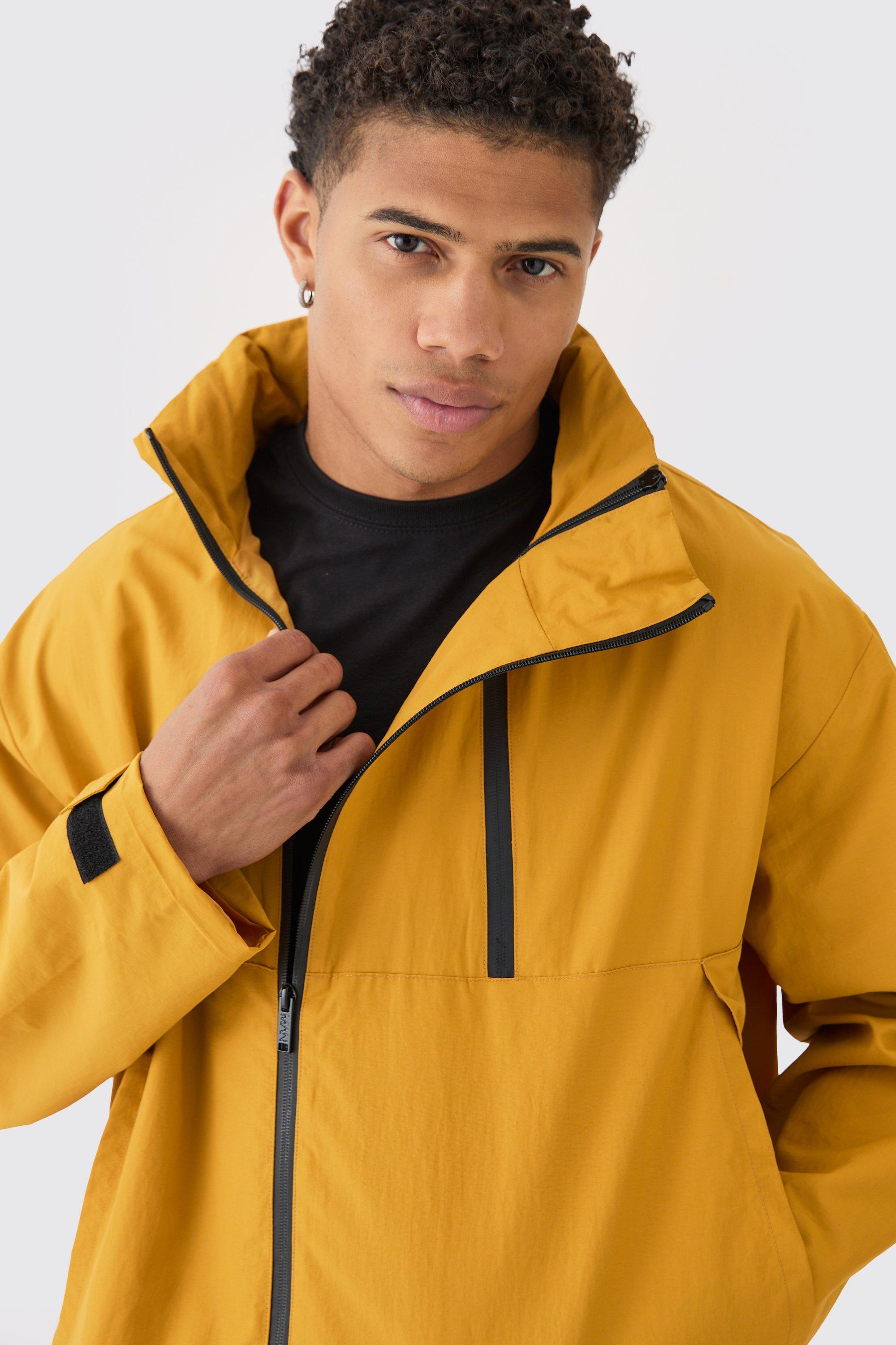 Man Tab Oversized Zip Detail Nylon Windbreaker In Mustard
