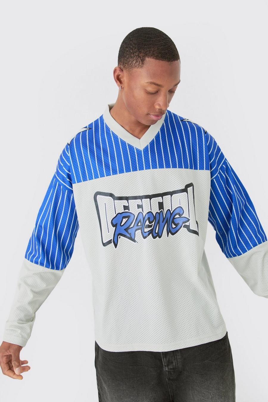 Top oversize Official Racing a maniche lunghe in rete stile Varsity a righe, Cobalt