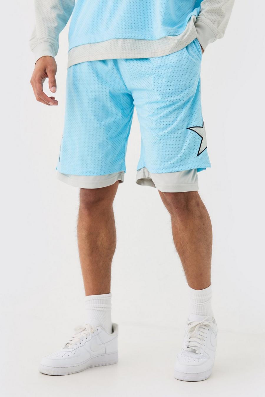 Blue Loose Fit Layered Long Length Basketball Short