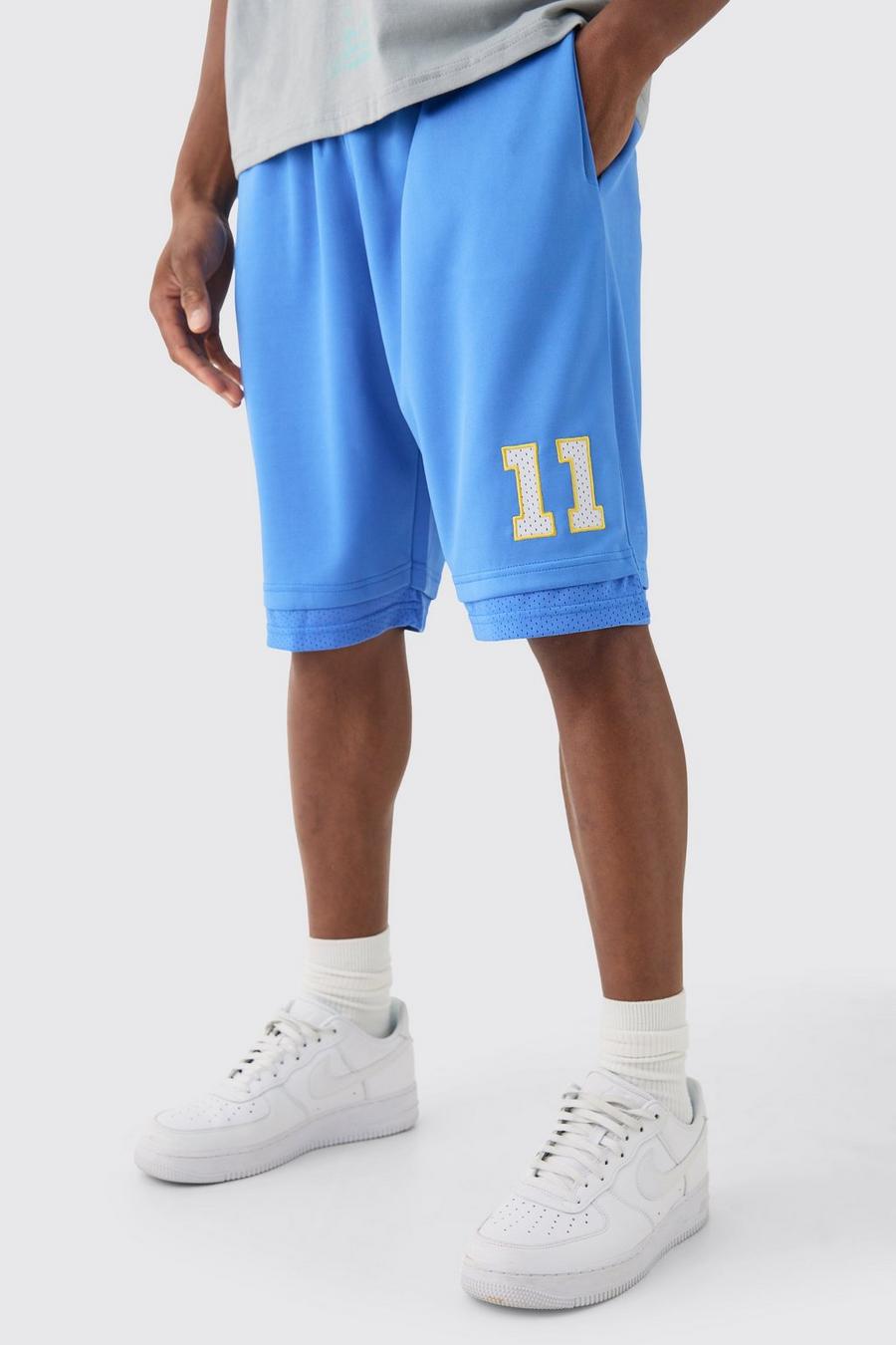 Loose Fit Bhm Satin Mesh Long Length Basketball Shorts, Blue image number 1