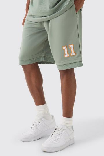 Loose Fit Bhm Satin Mesh Long Length Basketball Shorts olive