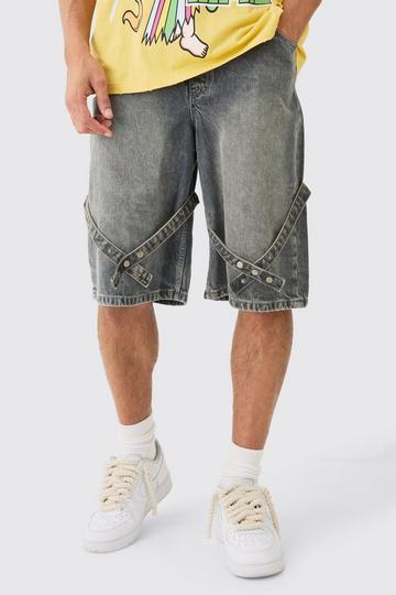 Grey Elasticated Waist Strap Detail Denim Shorts In Antique Grey