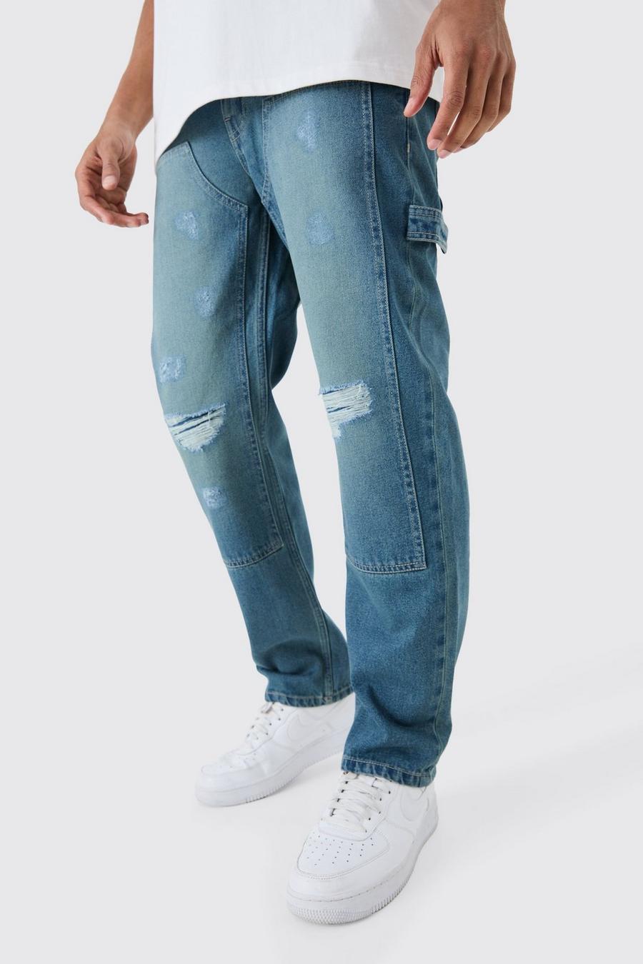 Jeans rilassati in denim rigido stile Carpenter con strappi sul ginocchio, Light blue