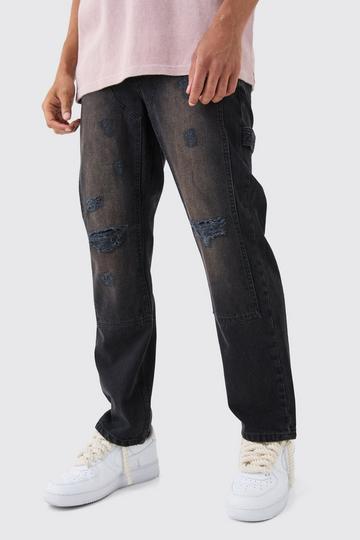 Black Relaxed Rigid Ripped Knee Carpenter Jeans In Washed Black