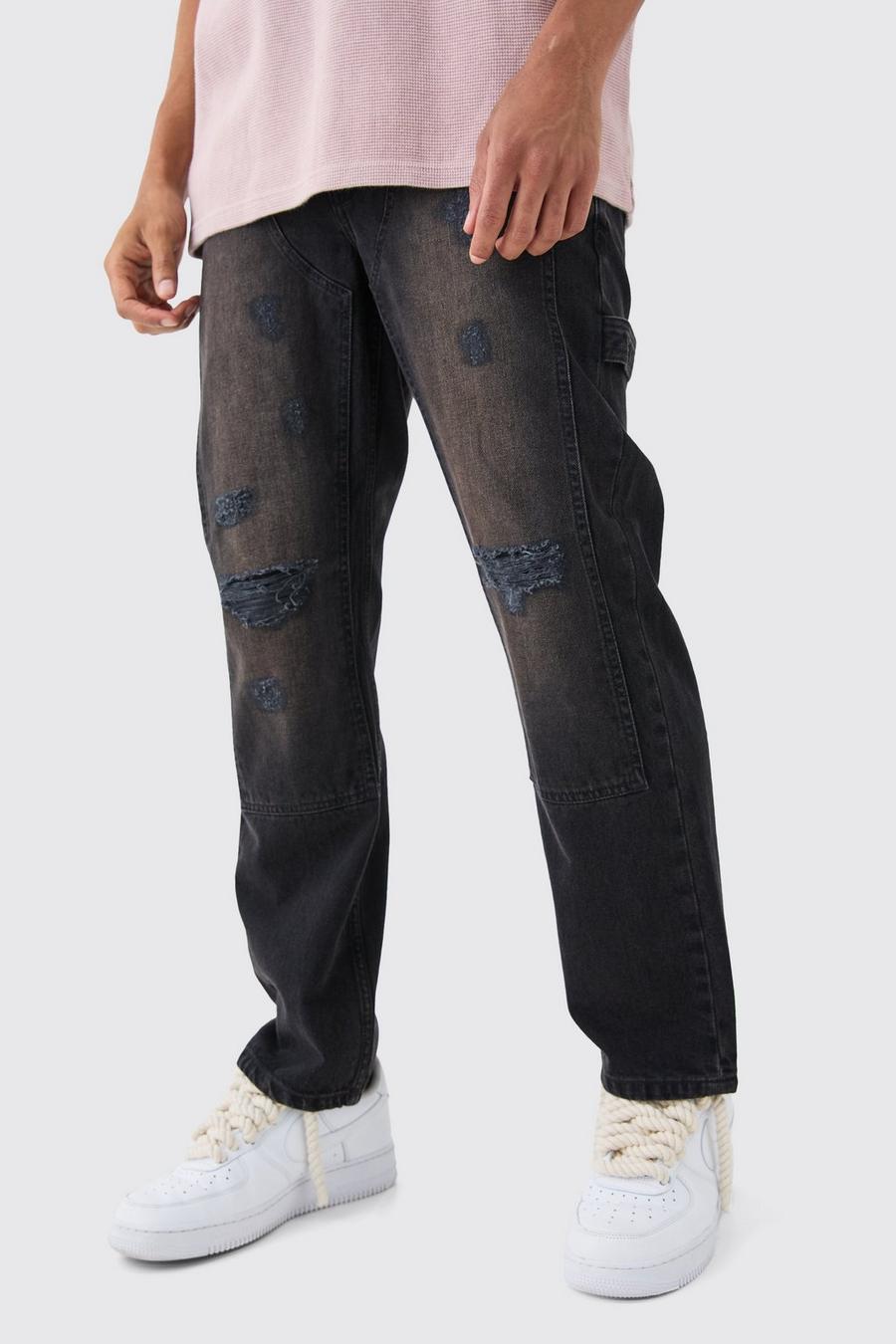 Black Onbewerkte Baggy Utility Jeans Met Gescheurde Knieën In Gebleekte Zwarte