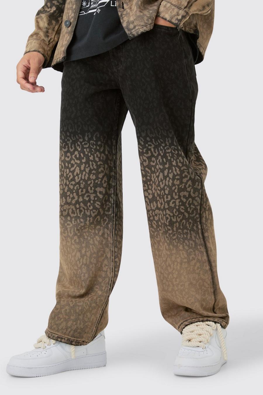 Black Onbewerkte Baggy Luipaardprint Jeans In Zwart image number 1