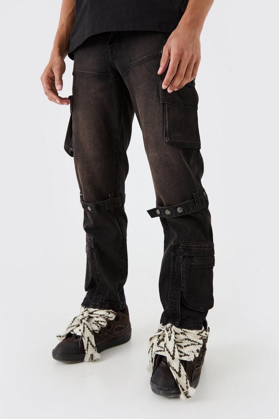 Relaxed Rigid Strap Detail Cargo Jeans In Washed Black