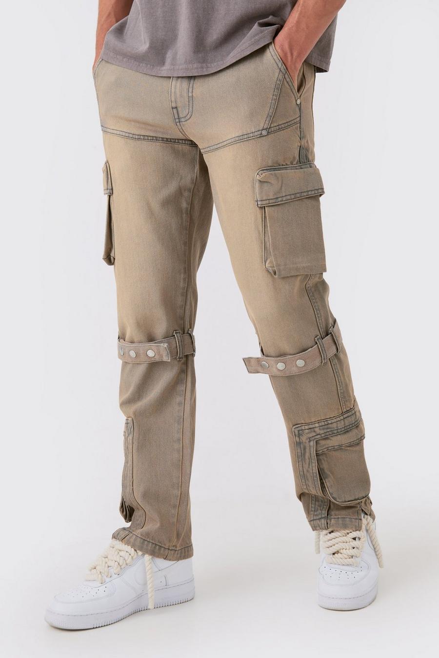 Relaxed Rigid Strap Detail Cargo Jeans In Antique Grey