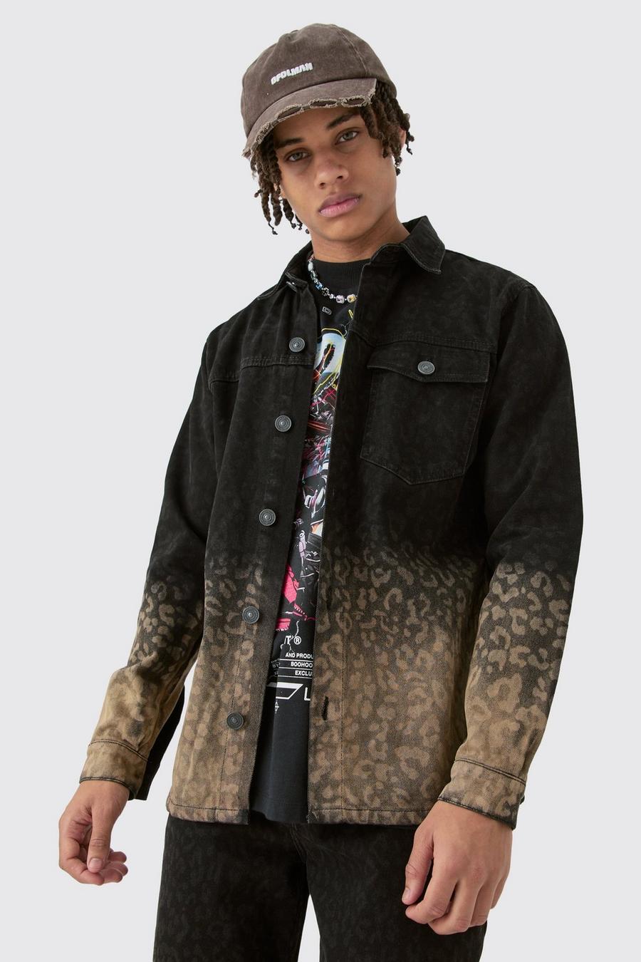 Leopard Print Denim Overshirt In Tinted Black