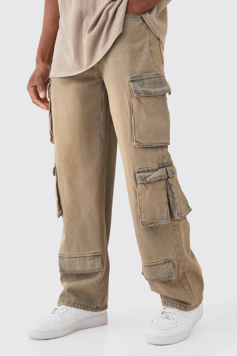 Baggy Rigid Grey Tinted Multi Cargo Pocket Jeans image number 1