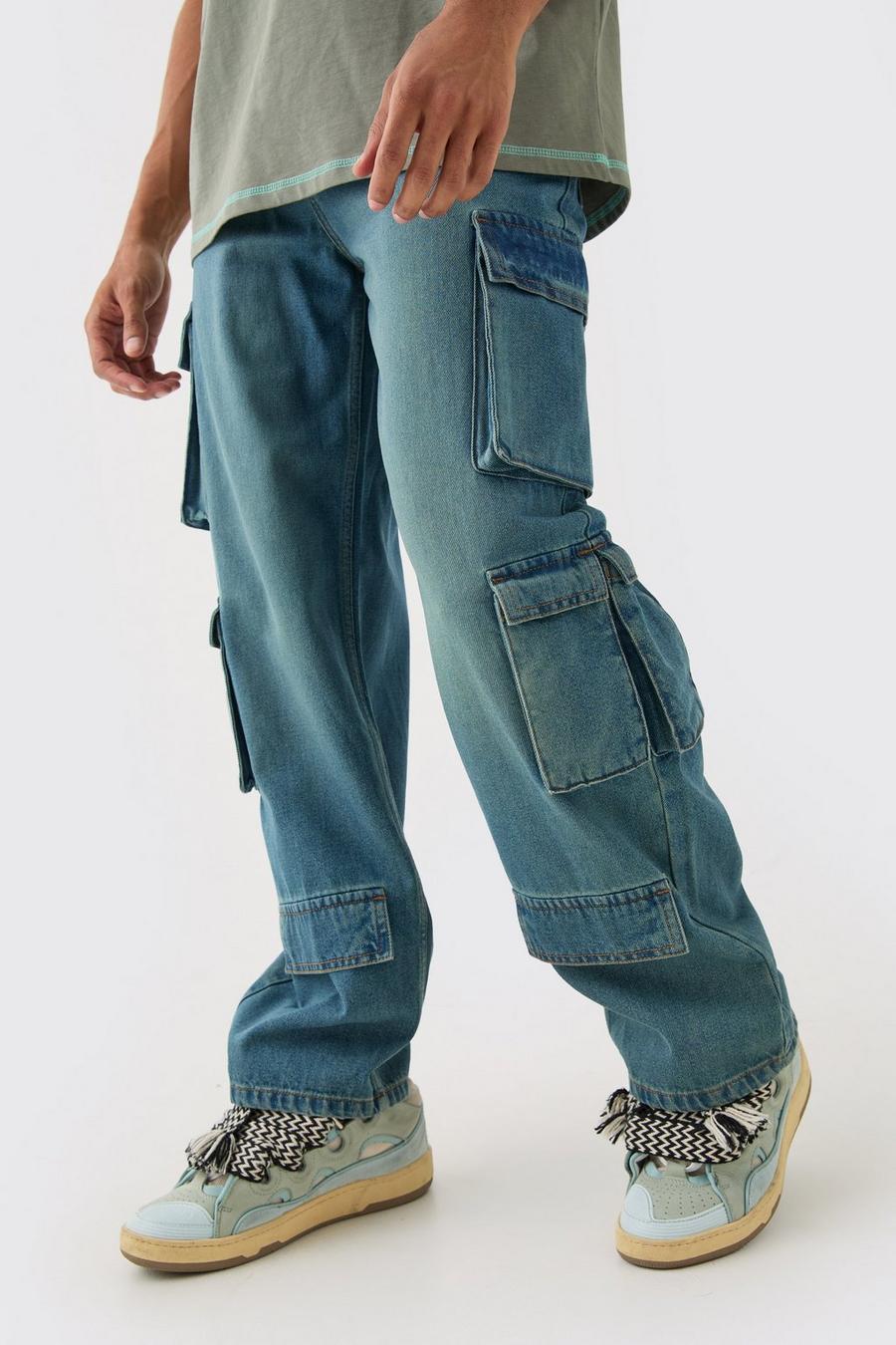 Onbewerkte Baggy Blue Jeans Met Cargo Zakken