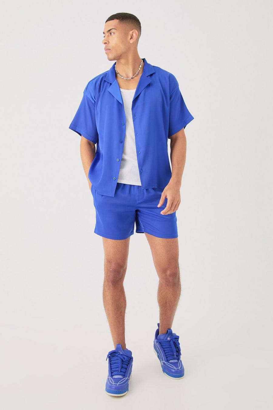 Blue Satijnen Boxy Overhemd Met Korte Mouwen En Shorts Set