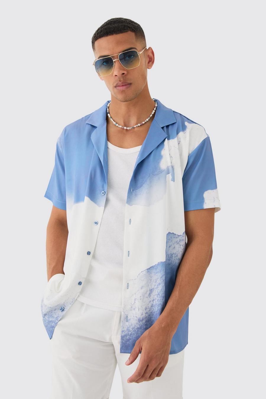 Camisa oversize de manga corta con solapas y estampado de nubes, Blue