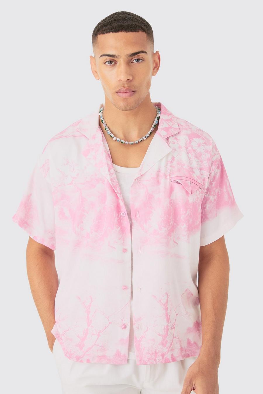 Camisa recta de manga corta con solapas y estampado de flores, Pink