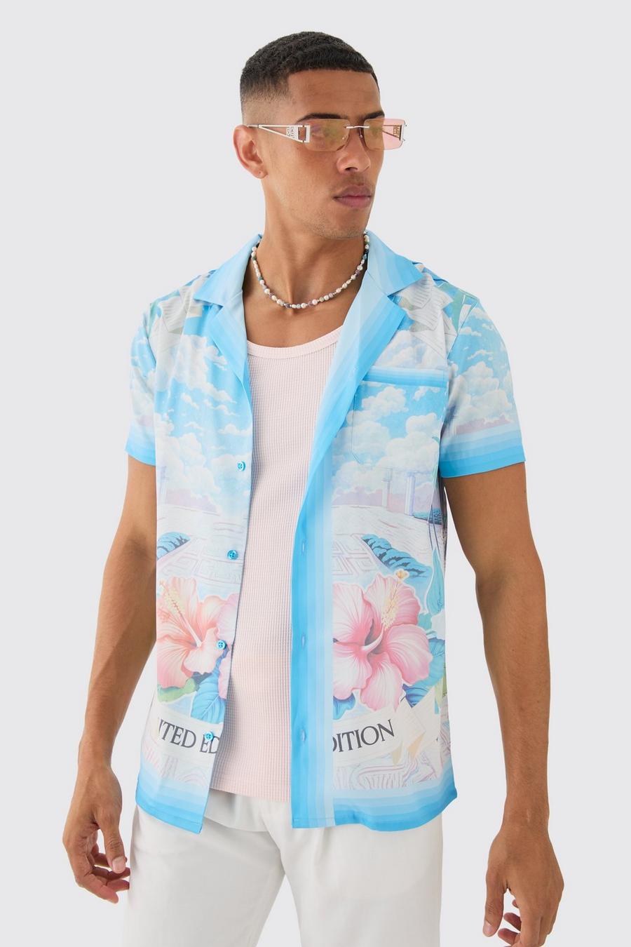 Camisa Regular de manga corta con solapas y estampado de flores, Blue