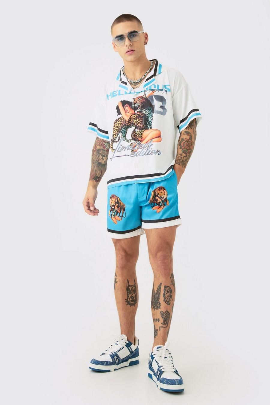 Teal Satijnen Boxy Overhemd Met Print En Shorts Set