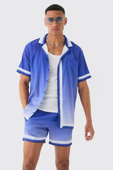 Oversized Ombre Short Sleeve Satin Shirt & Short Set blue