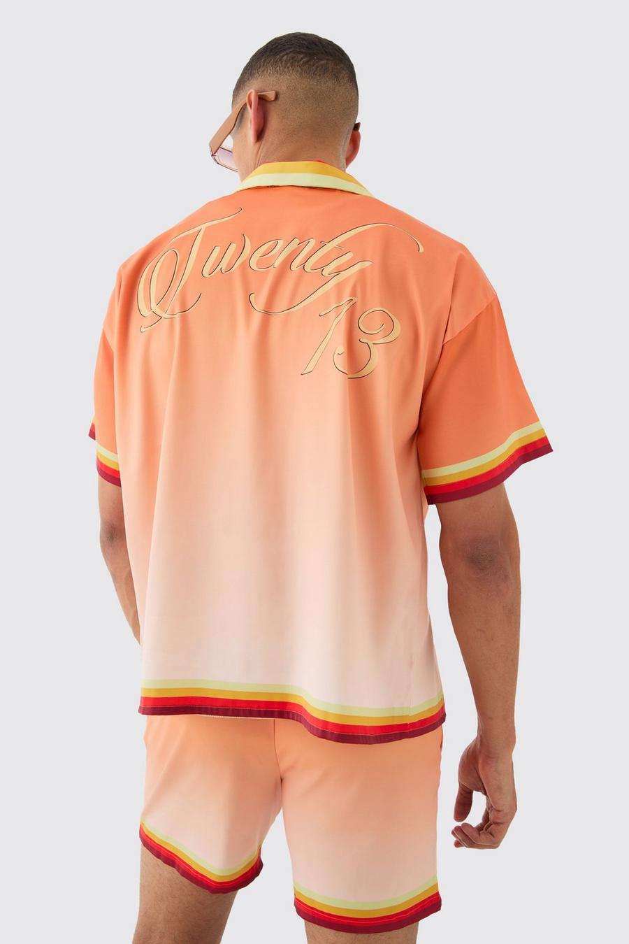 Orange Satijnen Boxy Ombre Overhemd Met Korte Mouwen En Shorts Set