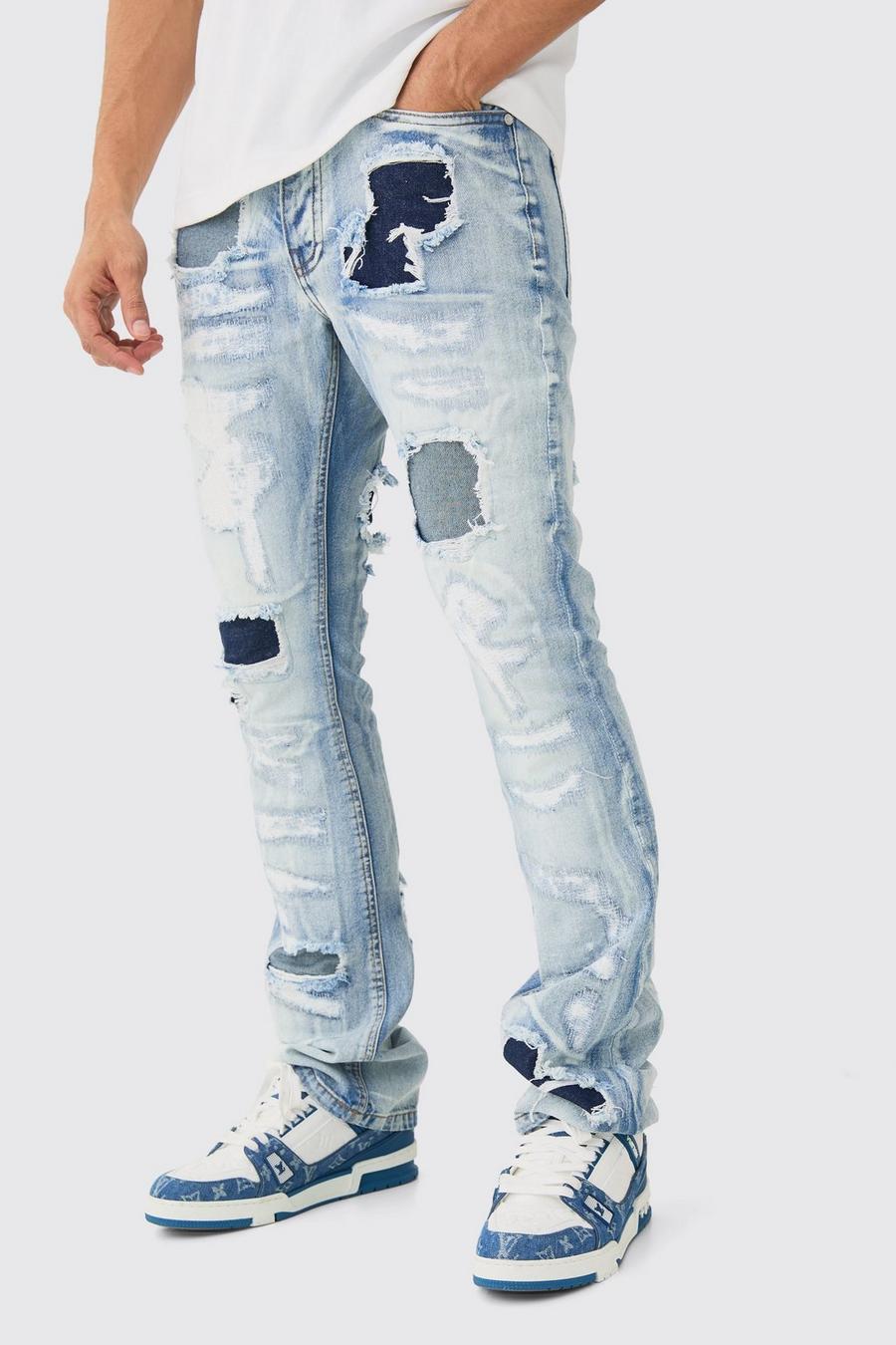Jeans a zampa Slim Fit in denim rigido blu ghiaccio con strappi & rattoppi e pieghe sul fondo, Ice blue