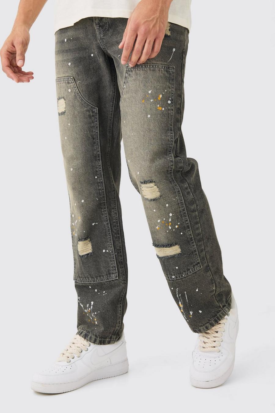 Relaxed Rigid Ripped Carpenter Paint Splatter Jeans In Antique Grey