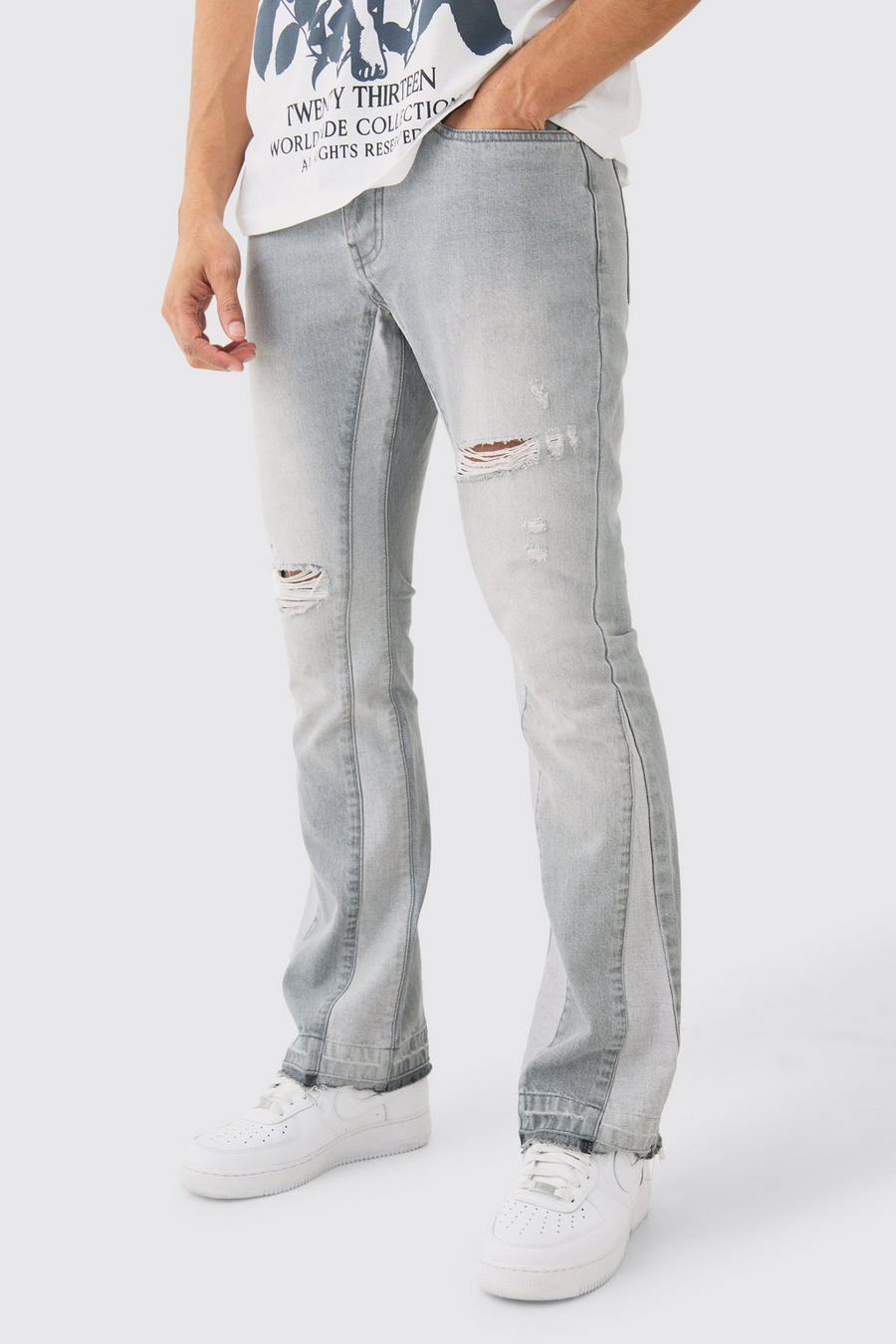 Slim Rigid Flare Distressed Gusset Jeans In Light Grey