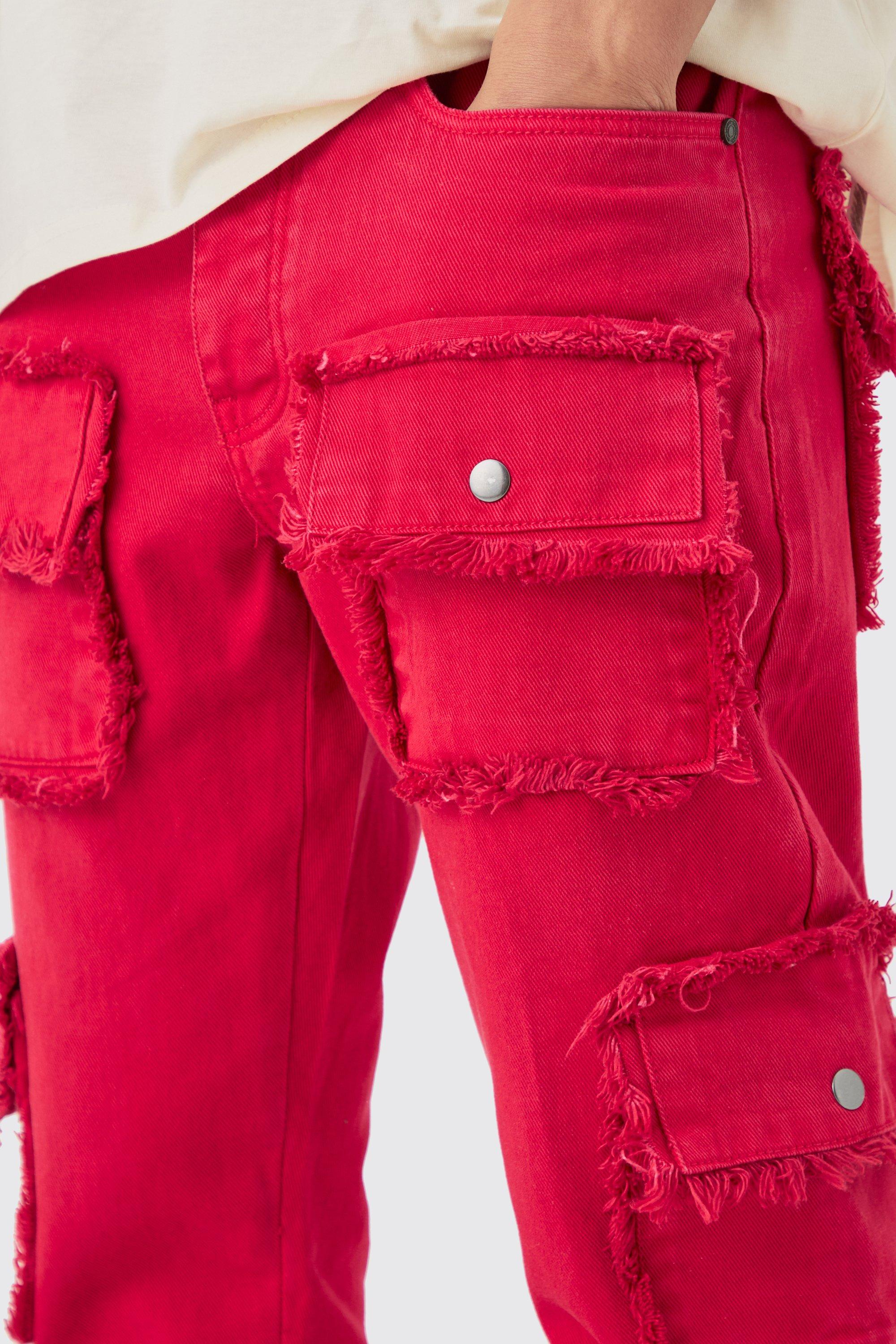 Jeans rossi Slim Fit in denim rigido con tasche a zampa effetto smagliato