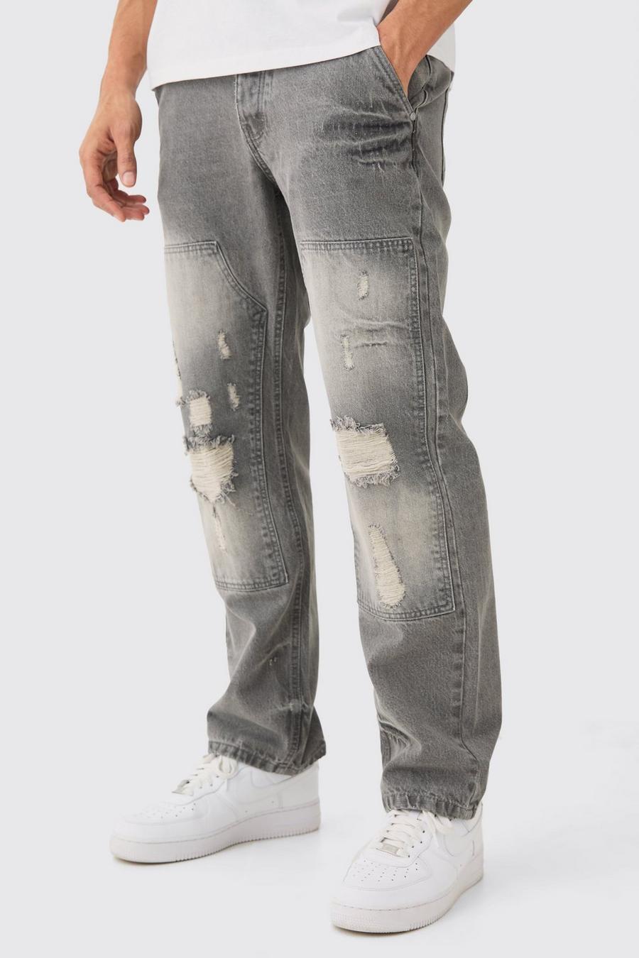 Jeans rilassati in denim rigido stile Carpenter con strappi, Mid grey