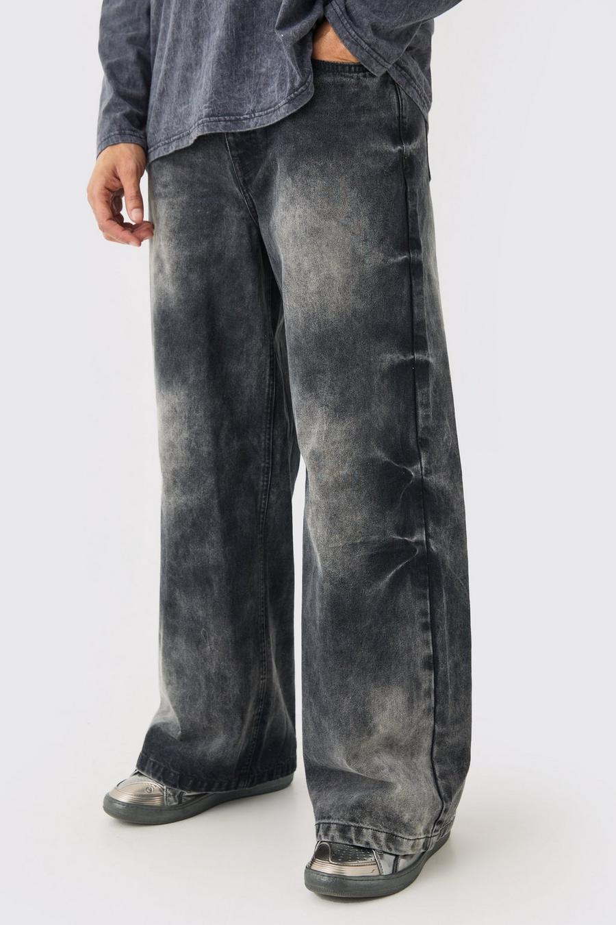 Jeans extra comodi in lavaggio acido in nero slavato, Washed black