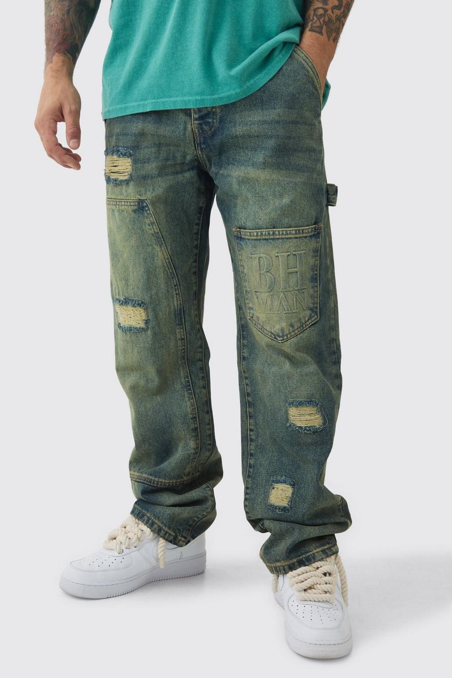 Antique blue Jeans i rigid denim med tryck