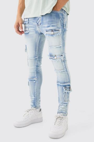 Blue Super Skinny Stretch Distressed Multi Pocket Jeans In Light Blue