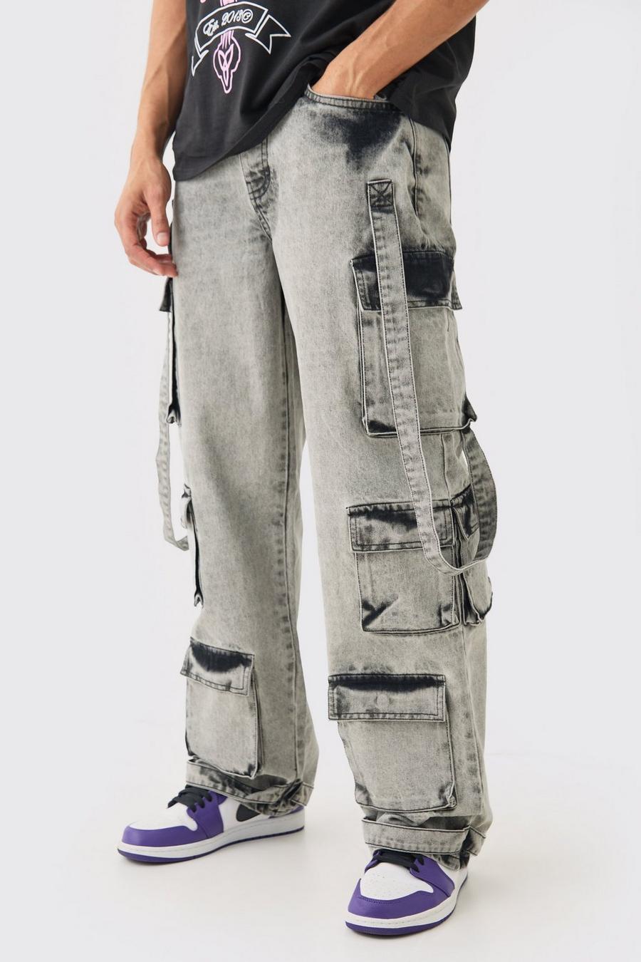 Baggy Rigid Multi Pocket Acid Washed Jeans In Charcoal