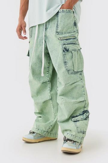 Denim Parachute Elasticated Waist Overdyed Acid Washed Cargo Jeans In Sage sage