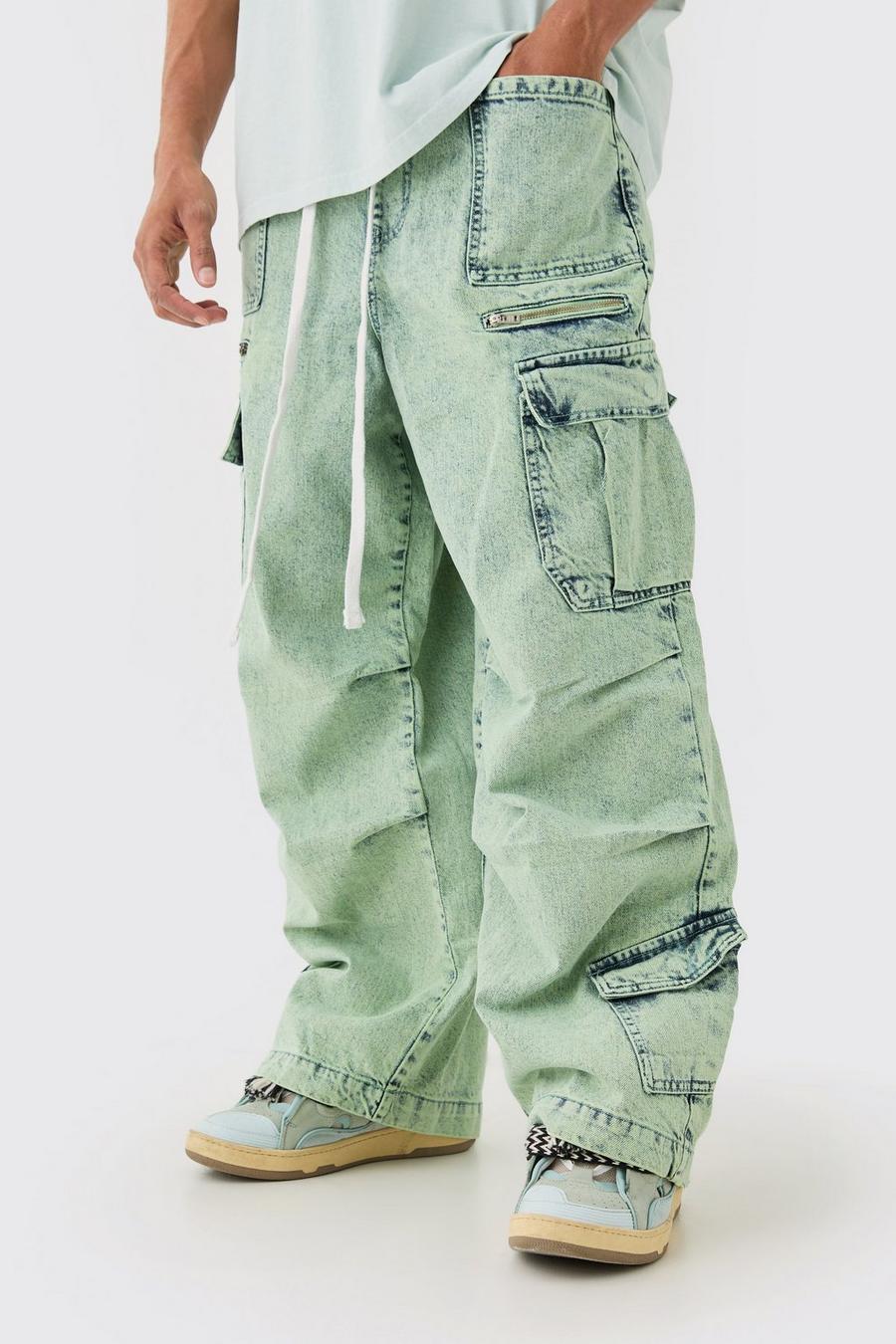 Denim Parachute Elasticated  Waist Overdyed Acid Washed Cargo Jeans In Sage image number 1