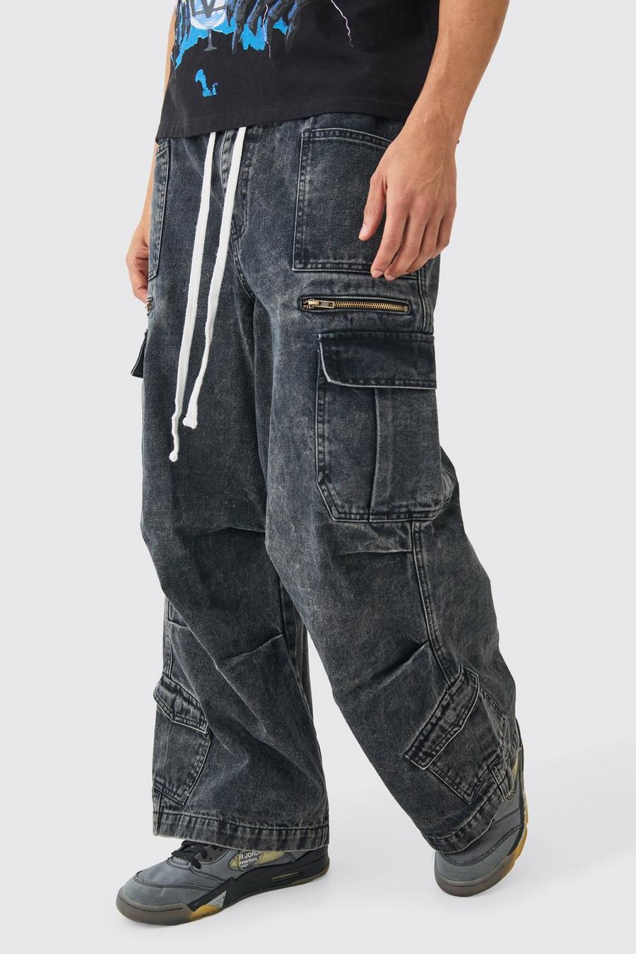 Schwarze Cargo-Jeans mit Acid-Waschung und elastischem Bund, Black image number 1