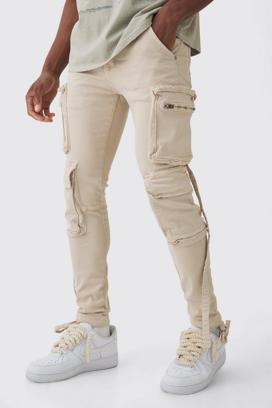 Super Skinny Stretch Strap Detail Cargo Jeans In Stone image number 1