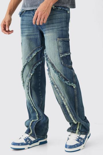 Blue Baggy Distressed Panelled Cargo Jeans In Mid Blue