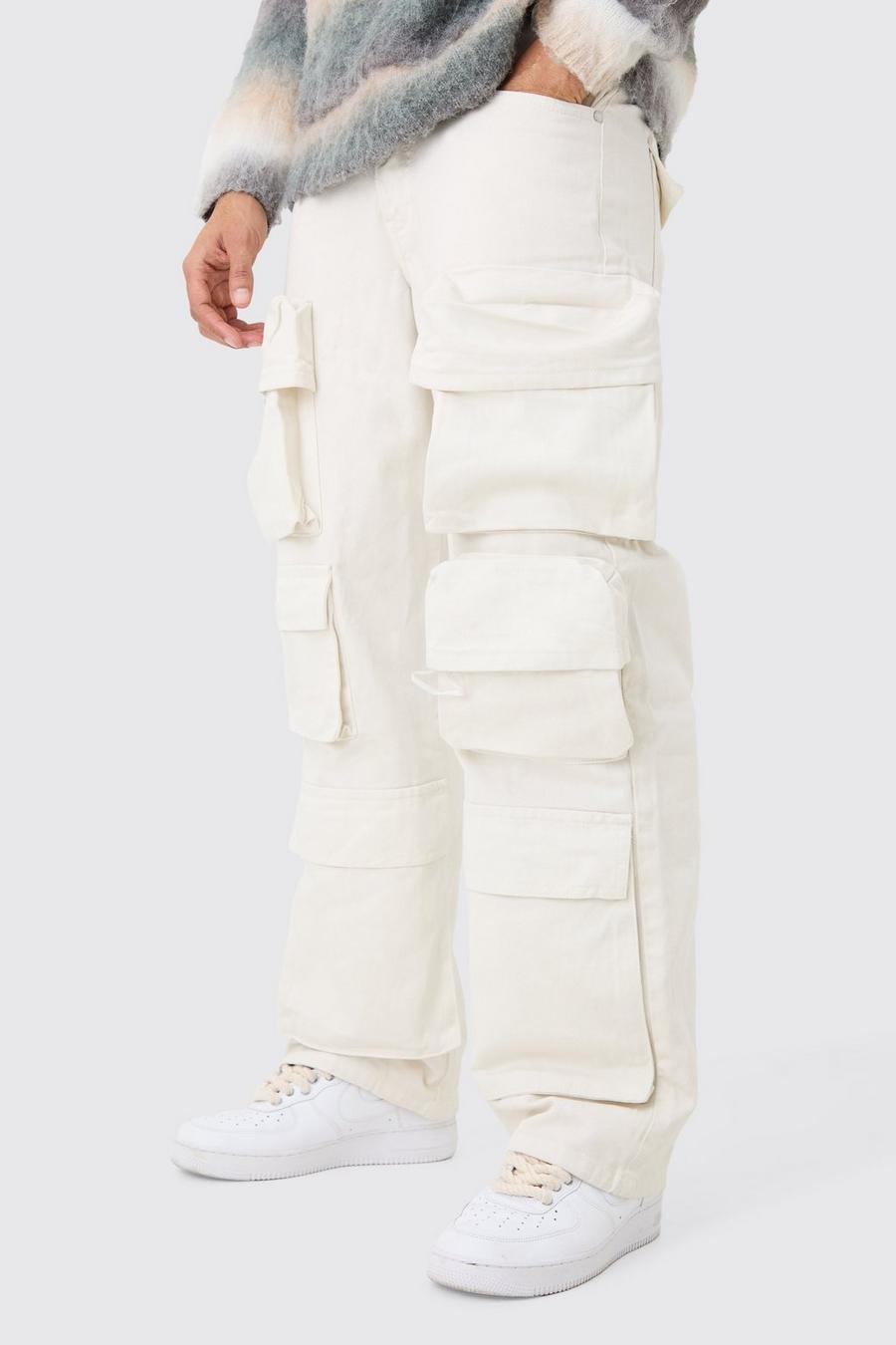 Jeans extra comodi in denim rigido sovratinti color ecru con tasche Cargo in rilievo image number 1