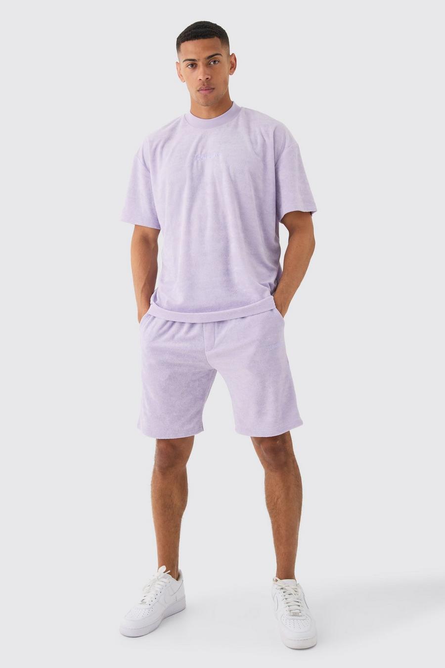 Lilac Homme Oversize t-shirt och shorts i frottétyg med hög hals image number 1
