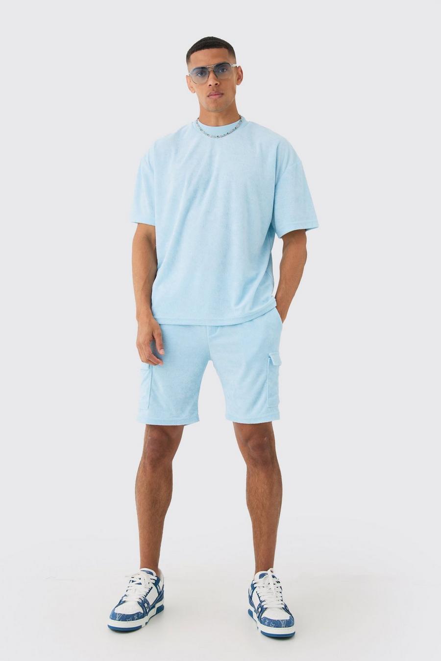 Light blue Oversized Extended Neck Towelling T-shirt & Cargo Shorts image number 1
