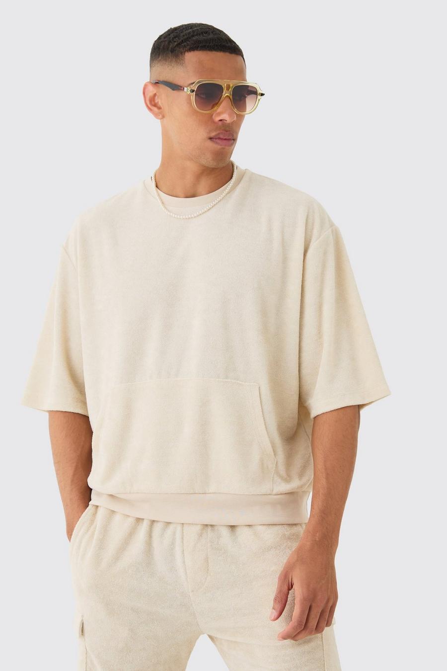 Beige Short Sleeve Oversized Boxy Towelling Sweatshirt