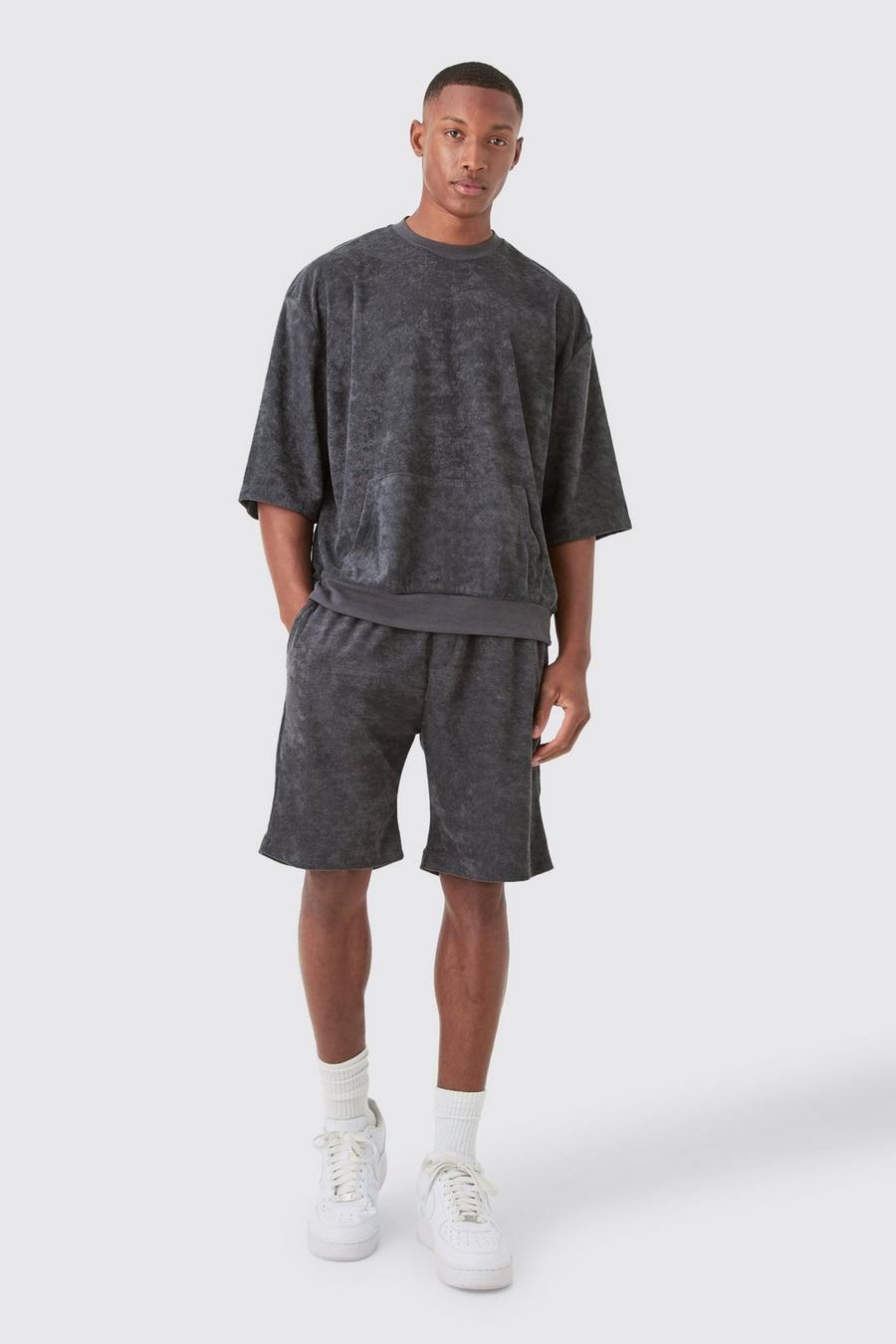 Kurzärmliger kastiger Oversize Frottee Trainingsanzug, Charcoal image number 1