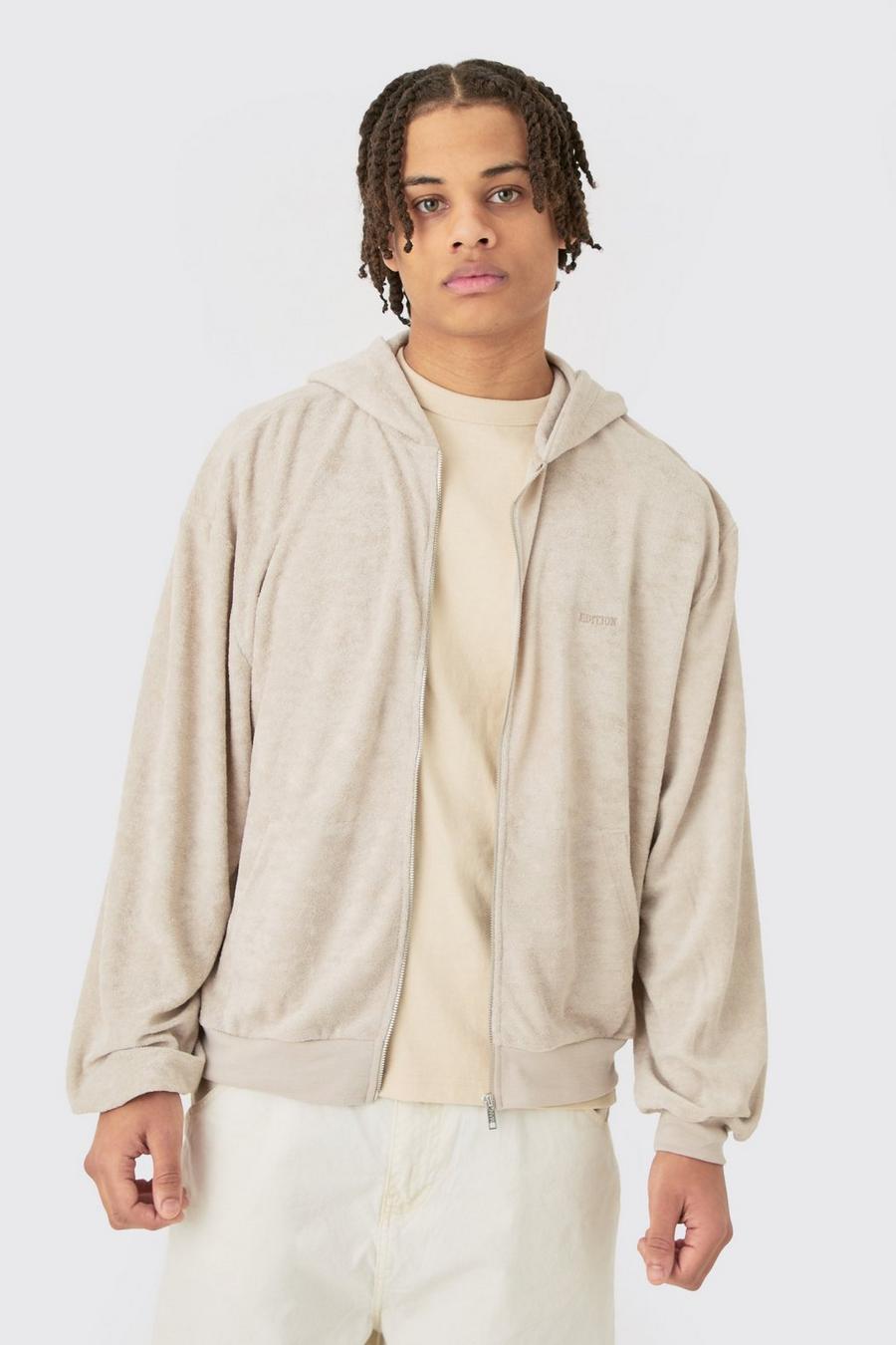Stone Oversized Boxy Zip Towelling Edition Hoodie image number 1