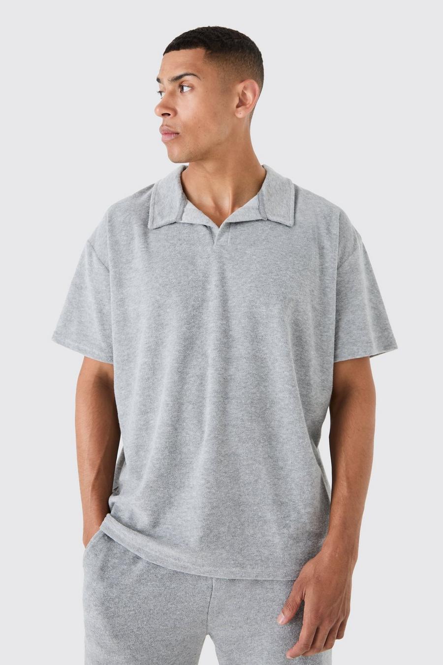 Oversize Frottee-Poloshirt, Grey marl image number 1
