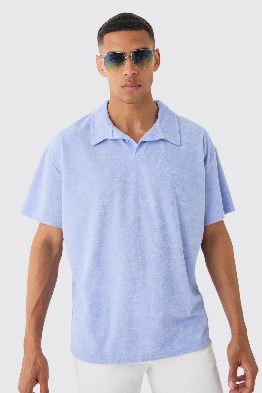 Oversized Revere Towelling Polo, Dusty blue